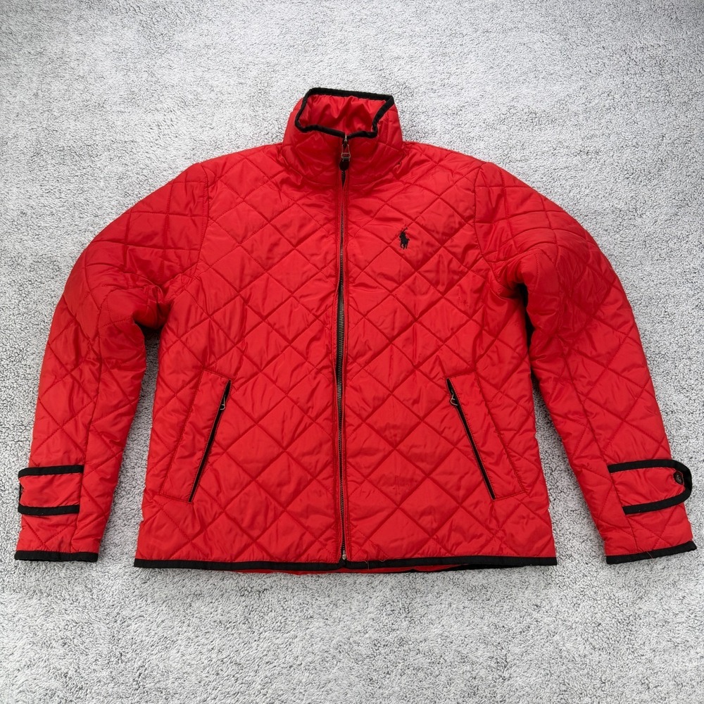 Ralph Lauren Sport Jacket Womens Medium Red Diamond Quilted Polo Pony Zip Pocket